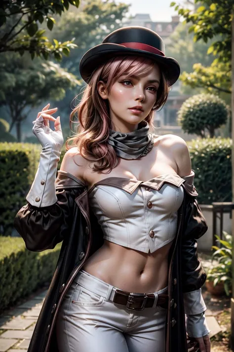 pink and brown hair, multicolored hair, neopolitanatlas, bowler hat, grey scarf, white gloves, white shirt, off-shoulder shirt, black sleeves, midriff, white belt, white pants, (standing outside in chess themed garden), cowboy shot, masterpiece,stunning gi...