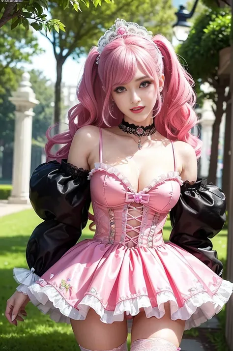 sexy stylish female model, only 1 female, ((doll-like appearance)), long neon pink stylish hair, ((ultra detailed Victorian-Style boots)), (big smile), ultra detailed eyes, vivid eye makeup, lipgloss, long lashes, defined eyebrows, ((sexy Paradise Kiss cos...