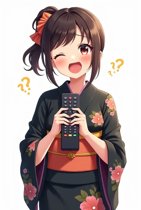 Adult woman wearing black yukata with flowers anime image with a television remote control white background and full body with an emotion of joy and embracing the TV control 

And Presenting the control with joy and nervousness on the cheek and embracing t...