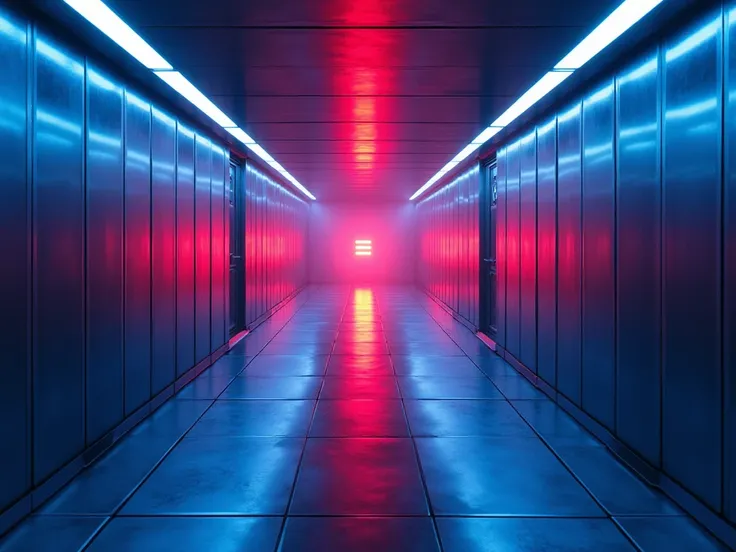 A futuristic corridor with sleek metallic walls glowing in shades of blue and purple. The floor is made of reflective glass panels that shimmer with light. In the center of the corridor, a bright red siren blinks, casting a pulsing glow across the walls. T...