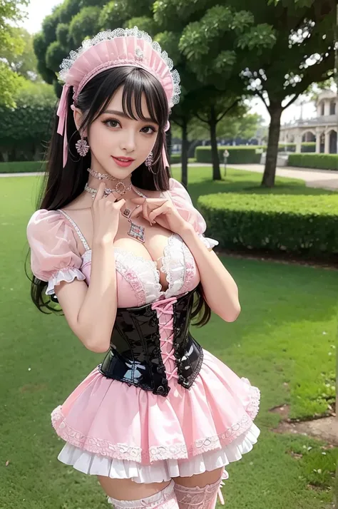 sexy stylish female model, only 1 female, ((doll-like appearance)), long neon pink stylish hair, ((ultra detailed Victorian-Style boots)), (big smile), ultra detailed eyes, vivid eye makeup, lipgloss, long lashes, defined eyebrows, ((sexy Paradise Kiss cos...