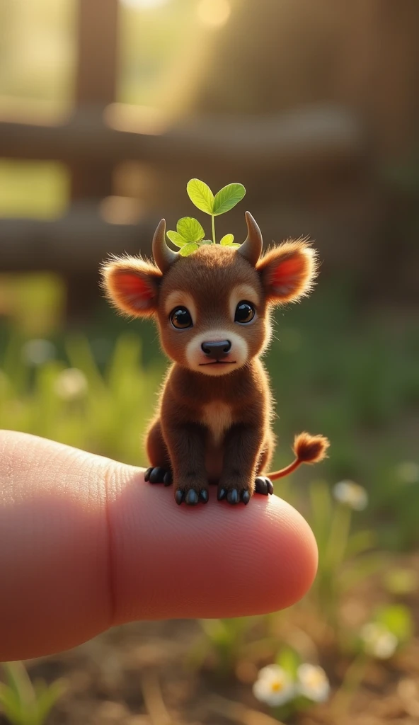 "Create an ultra-realistic image of an impossibly tiny baby bull, small enough to balance delicately on the tip of a human finger, appearing as though it could nestle inside a single clover leaf. The bull should have soft, velvety fur in shades of deep bro...