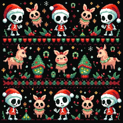 chibi skull skeletons and zombies in 8bit pixelart style for a christmas ugly sweater pattern, mexican piñatas, black, green and red emo christmas swater with white shirt collar