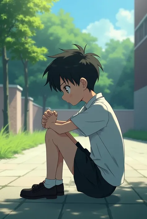 a boy sitting on the schoolyard looking at the floor just an anime character 

