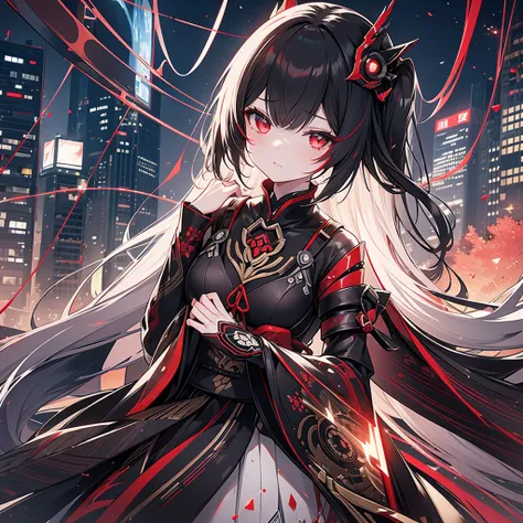  1 Japanese girl , warframe,  Intricate Pattern , heavy metal,  Energy Line , Faceless, Sparkling Eyes,  elegant , intense,  blood-red black uniform, Alone, 【Contemporary, city, That&#39;s right., Dark Clouds,  Thunderstorm , Heavy Rain,,  dramatic lightin...