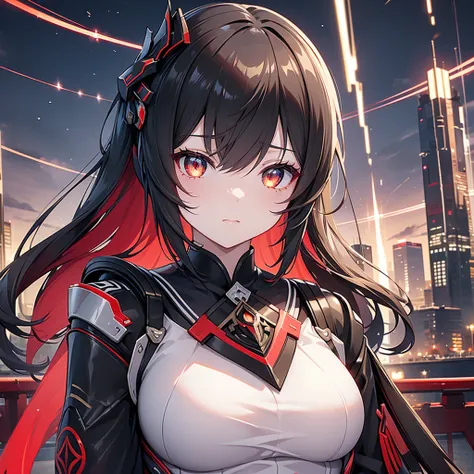  1 Japanese girl , warframe,  Intricate Pattern , heavy metal,  Energy Line , Faceless, Sparkling Eyes,  elegant , intense,  blood-red black uniform, Alone, 【Contemporary, city, That&#39;s right., Dark Clouds,  Thunderstorm , Heavy Rain,,  dramatic lightin...