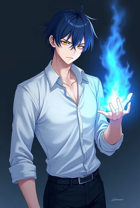  Young looking man  , not too young,   in the battle anime style  ,  dark blue hair , beautiful appearance,    glowing eyes shining in gold   , very pale skin,   short unkempt hair  ,   fringe,  but not for long  , Muscular, beautiful art,  more golden eye...