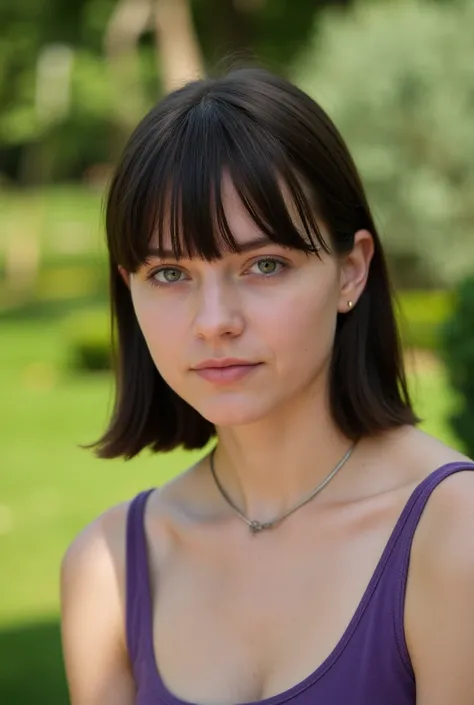 A young German woman with smooth dark brown hair,  cut to medium length with straight fringe . your skin is fair,  with a natural shade and light blush on the cheeks .  She has expressive green eyes and well-defined eyebrows .  She is wearing small, silver...