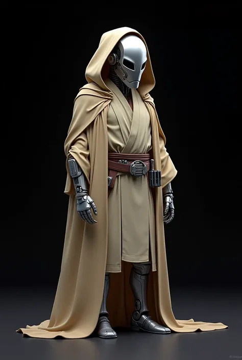 A SILVER-colored male robot standing face to face in a
Flat detail on the face .
 wearing a beige Star Wars JEDI robe with the hood on a black background
Cartoon style