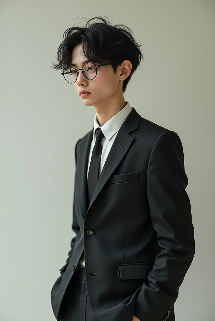 Fragile and thin 25-year-old man with messy hair wears a suit and glasses