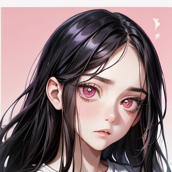  charming woman, (20-year-old) long hair, (portrait), looking at viewer, ((frightened)), (black hair), (pink eyes), t-shirt, (background: white), (front view), pale skin, ((diamond face)), ((turned up chin)), (hooked nose)