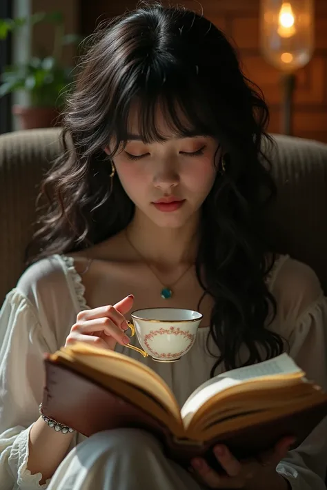  Black long curly hair with curly bangs, drinking tea and reading a book 