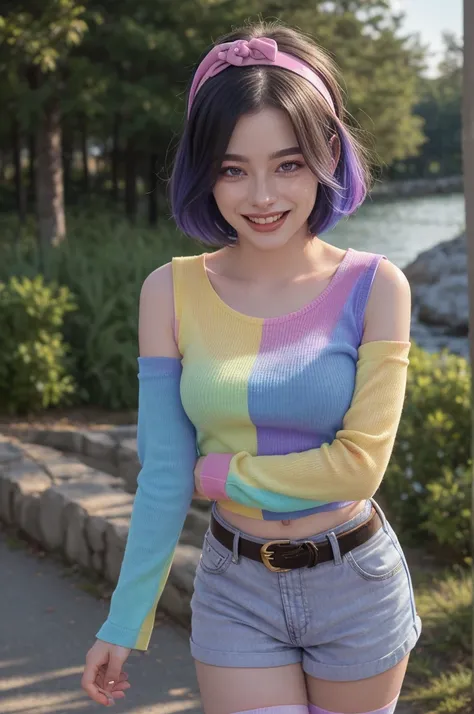 1 woman, mature woman, solo, NOT DASHA TARAN, full body standing, perfect body, best quality, 32k, photograph, full body (head to toe), tone mapping, ((houjou satoko,short hair,black hairband,rainbow colors mix hair,violet eyes,hair between eyes,random shi...