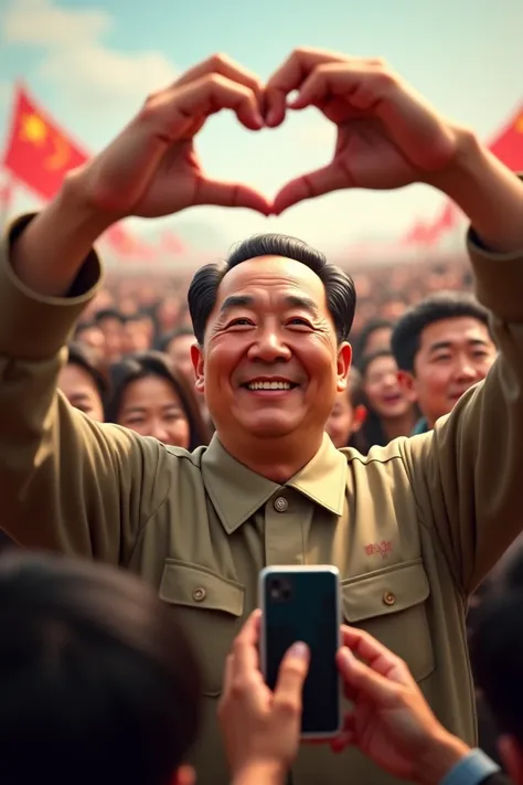 Play Mao Zedong taking a selfie with an audience of happy Chinese people behind him who support him making a heart with one hand with their fingers