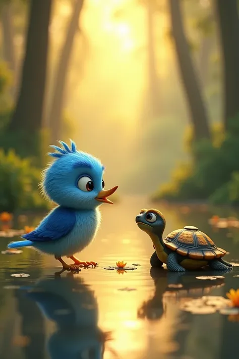 Pixar-style, he generates a scene in which on the shore of the glowing lake, Azulinho , a little blue bird,  you find a small turtle with golden spots on its shell. They are talking.  The lake reflects the golden glow of the light ,  and the water moves sm...