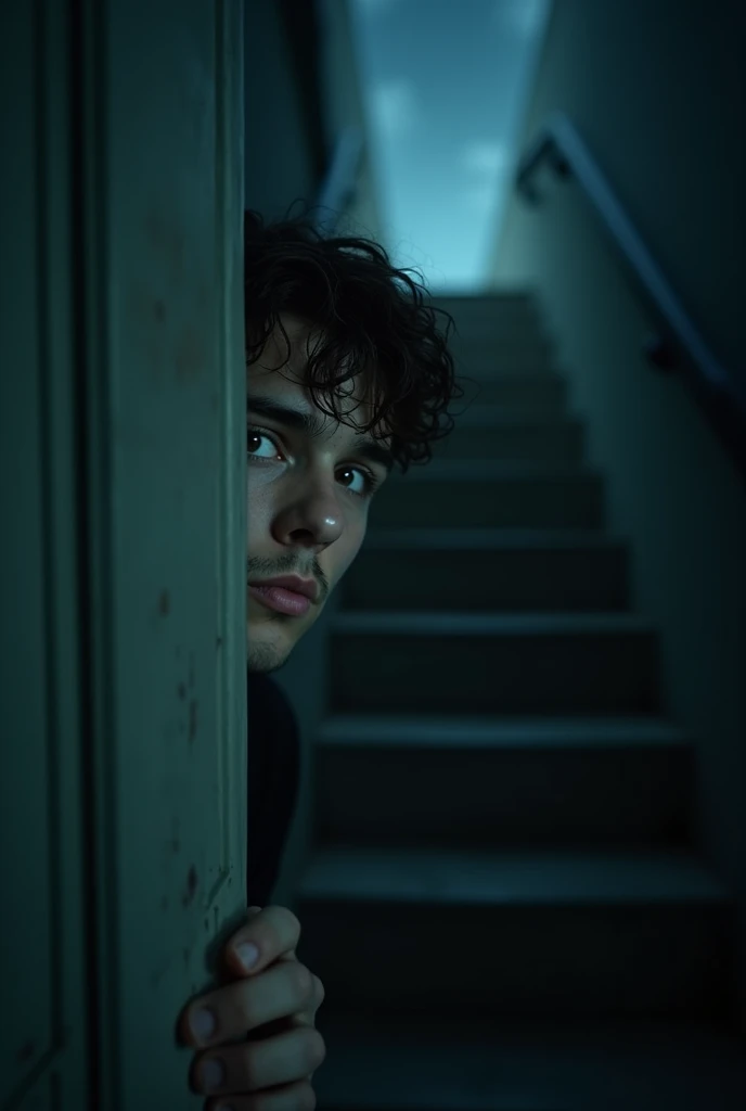 close up of a young man peeking his head outside through an open door at the top of a hotel stairway looking outside into the dark night rooftop, nightmare, highest definition, highest detail, highest quality 