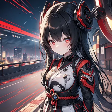  1 Japanese girl , warframe,  Intricate Pattern , heavy metal,  Energy Line , Faceless, Sparkling Eyes,  elegant , intense,  blood-red black uniform, Alone, 【Contemporary, city, That&#39;s right., Dark Clouds,  Thunderstorm , Heavy Rain,,  dramatic lightin...