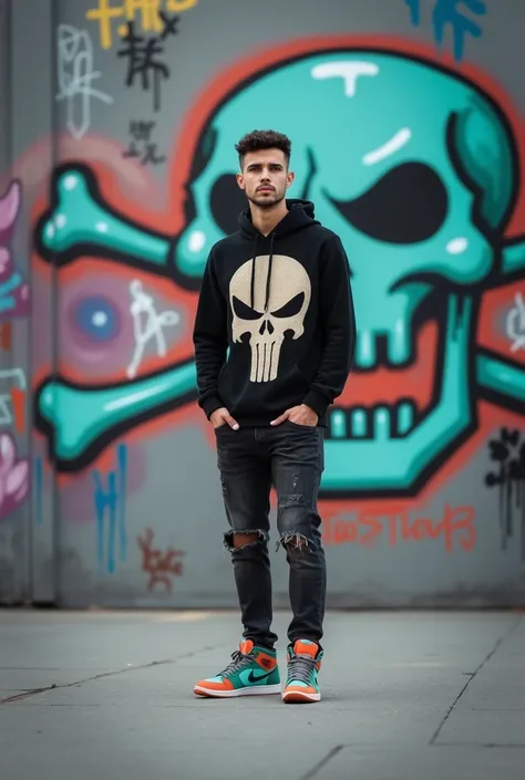 A full-length photo of a young man 32 year old standing in front of a graffiti-covered wall.

The man is tanned with short dark brown hair and a somewhat serious expression, both hands tucked into the pockets of his hoodie. He is wearing a black hoodie wit...