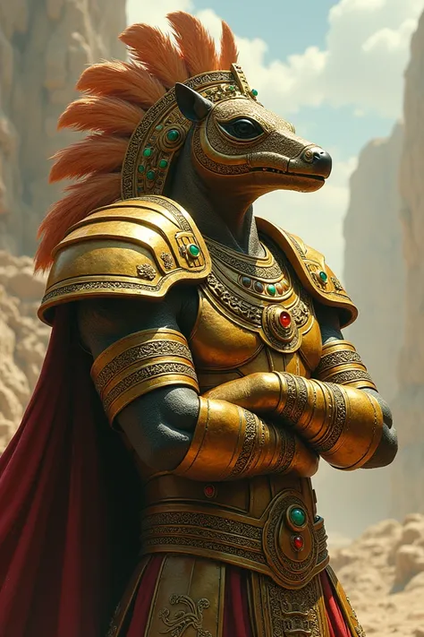 Aztec warrior,  beautiful photoshop-quality , Armadillo face ,  gold armor with jade details,  with profile and arm clutched 