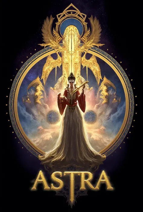 Create a round emblem with the name ASTRA written in the background the image of the goddess Astra pointing a weapon