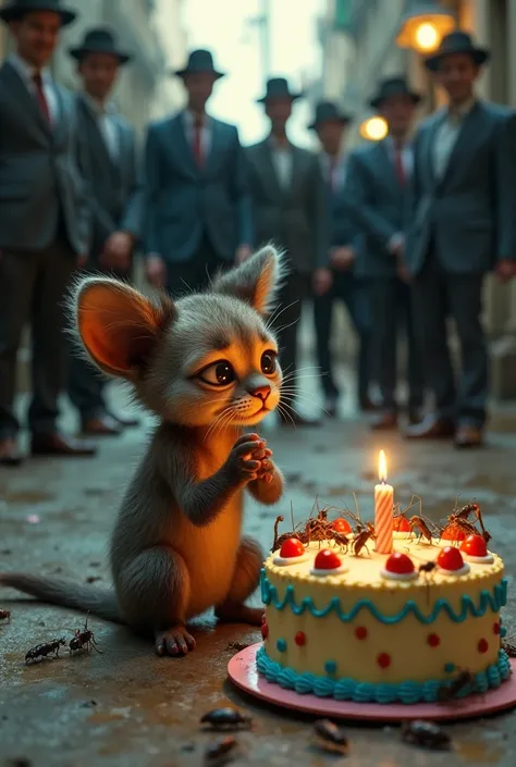 An adorable but dirty and sad , the  is crying sitting in front of a birthday cake decorated with a candle. The cake and the  are covered in insects, mainly cockroaches and ants. The  sits alone in an alley. In the background, a group of businesspeople in ...