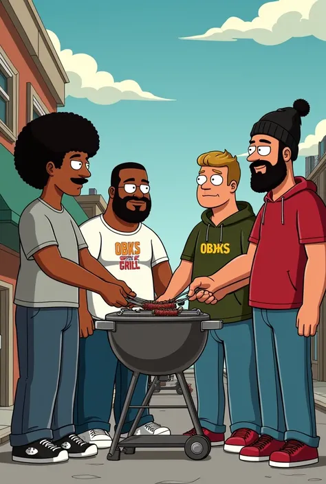 Draw four guys , the first guy with moustache,tight shirt , baggy jeans,full Afro hair ,the second guy with a goatee,low cut, Obks grills basic shirt , the third guy with durag and no beards ,the fourth man with Obks grills zipped up hoodie , full beards a...