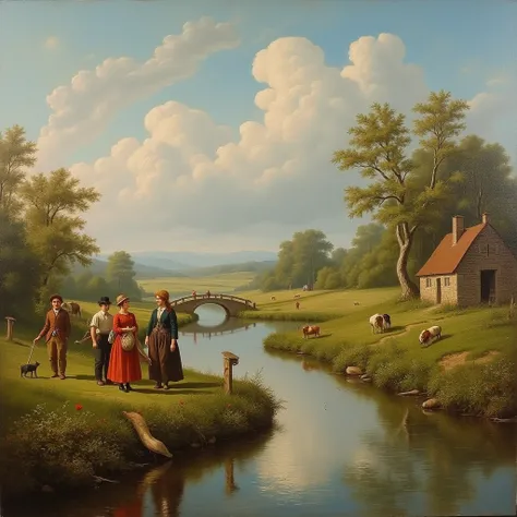 an oil painting of a pastoral idyll, portrait, peasants, river