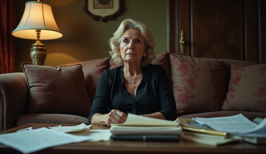 the blonde woman’s mother sitting in her luxurious yet now disheveled living room. Papers and documents are scattered around, and her face is etched with defeat. The lighting is dim, emphasizing the emptiness of her once-powerful position."