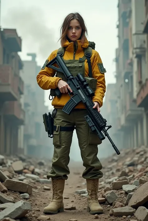 A 30-year-old girl in yellow and green camouflage uniform, holding an automatic rifle with a telescopic sight, wearing sand-coloured boots, with a machine gun ribbon thrown over her shoulder. The ruins of the city are in the background. Smoke is rising ove...