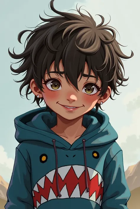 A  boy with a shark hoodie and the black venom tentacles Messy Hair, Smile, Fang, Smirk, Brown Hair, 