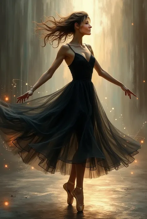 An emotionally charged digital painting of a 32-year-old attractive ballerina in mid-motion, wearing a flowing black dress. The scene is set in a surreal, flux-like environment where her graceful movements blend with swirling, abstract patterns of light an...