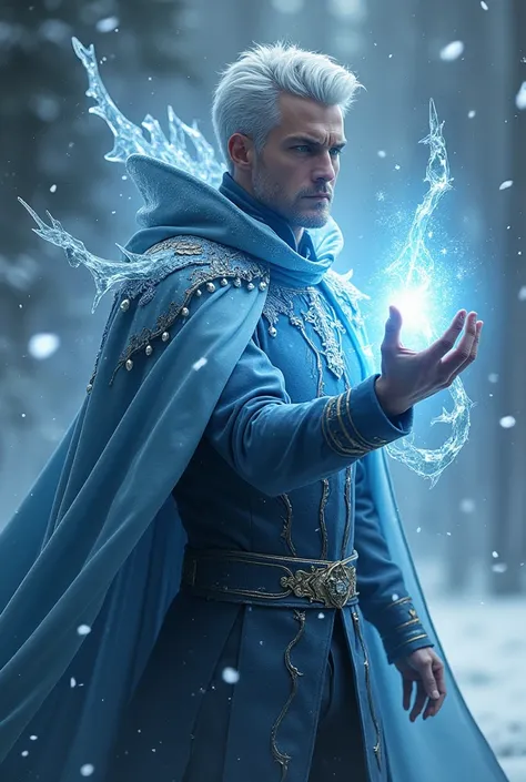 A man, silver short hair, silver eyes, silver aura, handsome, masculine, magician who control ice, full appearance. Age 25