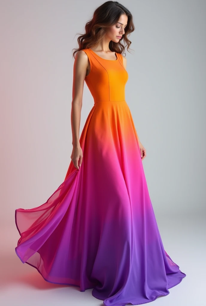 Gradient Maxi, A vibrant gradient from orange to purple. Sleeveless, fitted bodice with a flowing maxi skirt. Likely a lightweight, flowy fabric.