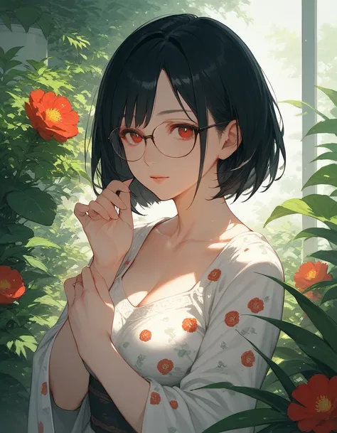 milf, ((face)), ((head)), score_9, score_8_up, score_7_up, (solo), 1girl, black hair, bob hair cut, red eyes, plants, flower pattern on clothes, white cloth, medium breast, ((hands)), fingers, glasses 
