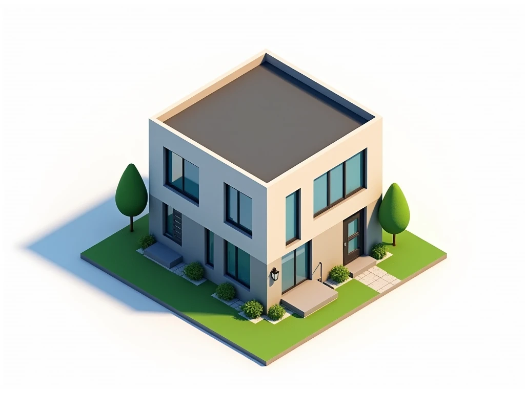 A top-down view of a residential house designed for a video game. The building has a simple, modern rectangular shape with a flat roof. The facade features large windows, a small balcony on the upper floor, and a front door with minimalistic design. The su...