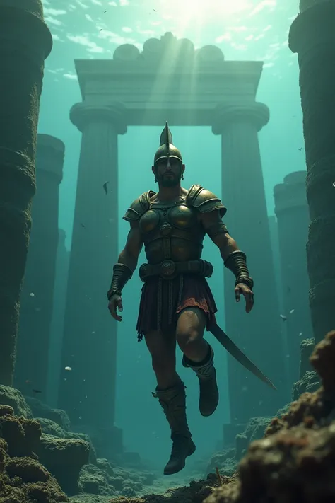 Greek soldier swimming at the bottom of the sea ,  near a sunken temple in Atlantis