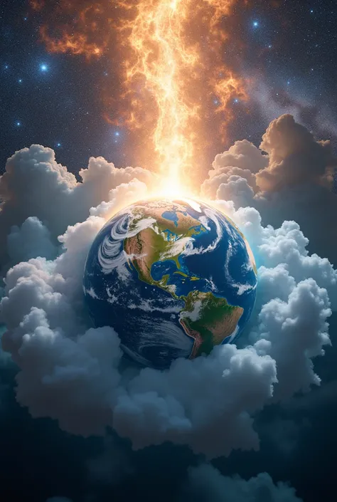 "A breathtaking hyper-realistic 3D render of the creation of the heavens and the earth, a vast cosmic expanse filled with galaxies, stars, and nebulae, contrasted with a newly formed, vibrant Earth surrounded by a glowing divine aura. The Earth features lu...