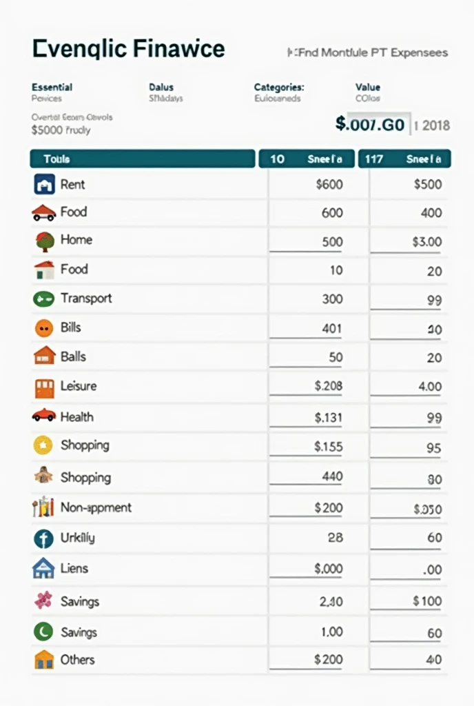 Create an image of a domestic financial spreadsheet with:
Category icons (home, food, car, etc.)
Fictional values in R$
Modern and clean design
16:9 ratio, 1080p resolution
Include essential and non-essential expense categories.10 categories (Rent, Food, T...