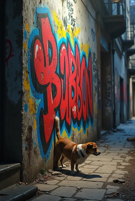 Give me an image of rap graffiti with a worn wall and a dog peeing on the wall