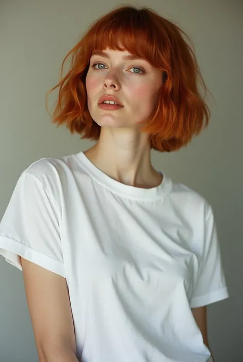 analog photo of a beautiful woman, (in photography style of: László Moholy-Nagy, laura makabresku, tyler shields), very short ginger wavy bob hair with bangs, wearing plain white oversized T-shirt with a crew neckline short-sleeve T-shirt