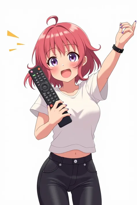 Adult woman wearing a white t-shirt and leather pants anime image with a television remote control white background and full body with an emotion of joy and embracing the TV control and with pink nails and a black watch And presenting the control with joy ...