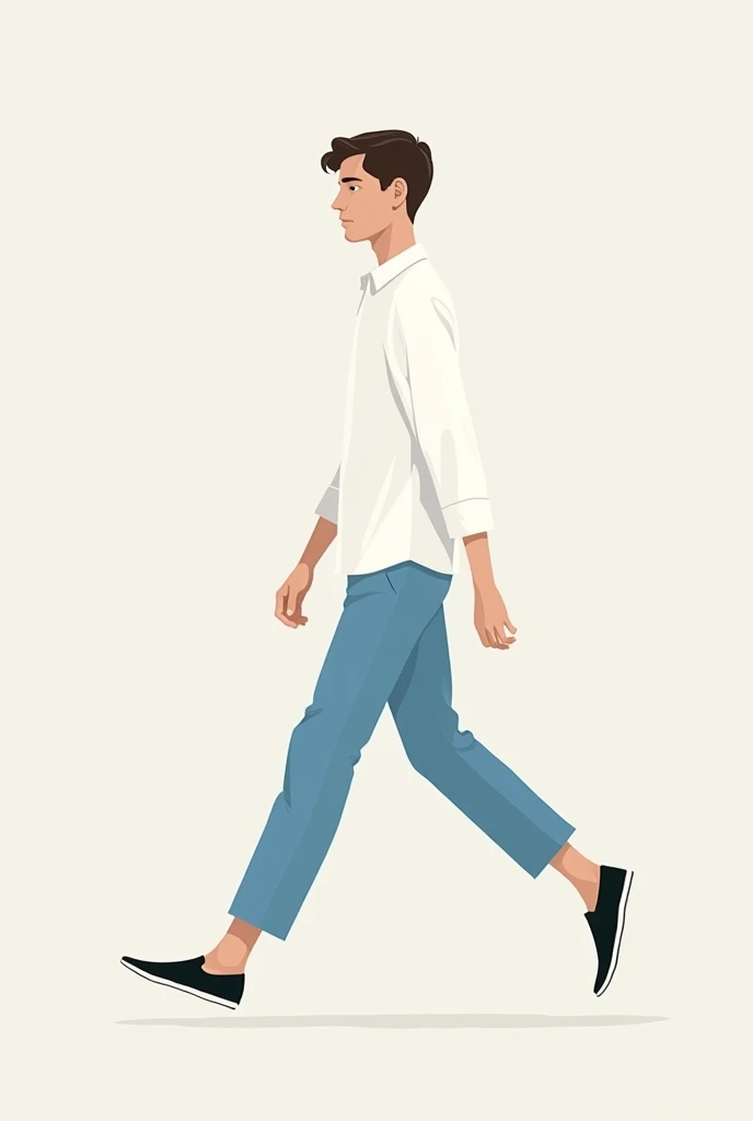 Young man walking drawn in the style of the artist Julian Opie. white shirt and blue pants
