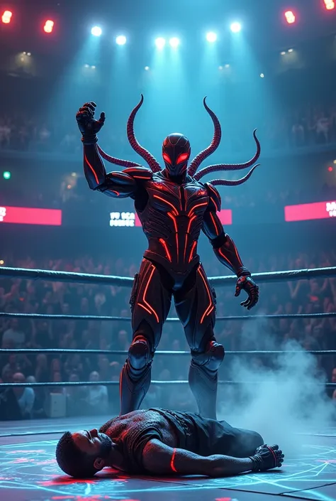 "A hyper-realistic, rectangular scene of Skull Commander standing victorious in the center of a futuristic MMA octagon. His imposing figure is clad in dark, battle-worn armor, accented with glowing red lines that pulse ominously. His crimson tentacles, eme...