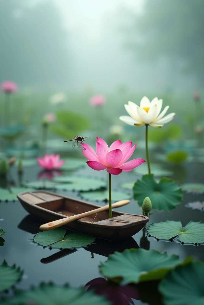 A lotus pond in summer，Pink lotus flowers of，White of，of，There are some flower buds，There is a dragonfly on it，There is a small wooden boat in the middle of the lotus pond.，There are oars on both sides of the boat，Pond foggy，Like a fairyland。High-resolutio...