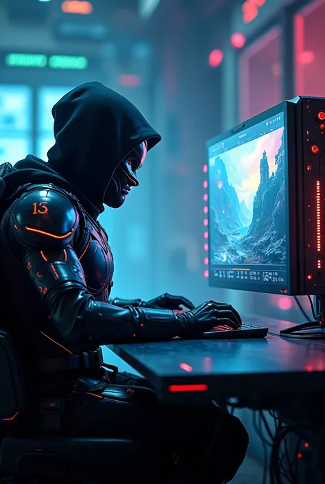 Galactic ninja in front of an online gaming computer , Sitting playing 