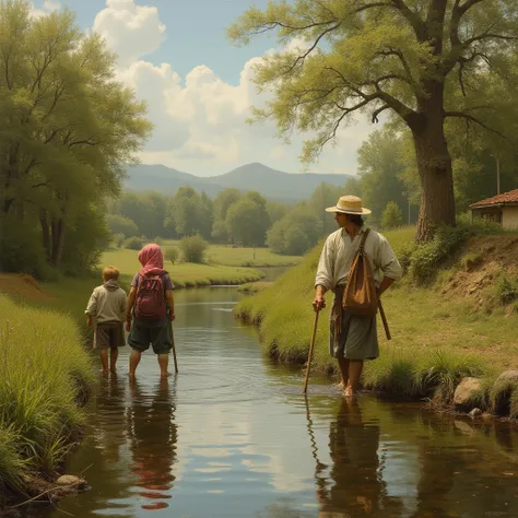 a photograph of a pastoral idyll, portrait, peasants, ren playing in the river.