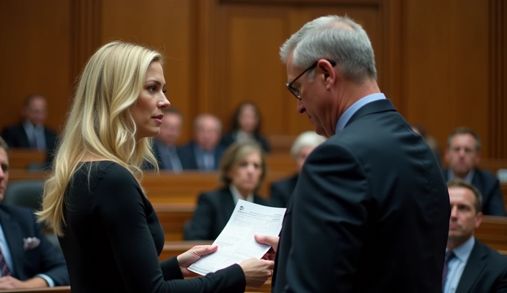 blonde woman handing the DNA results to a judge in a crowded courtroom. Her expression is calm and composed, while the ex-husband and her mother look horrified in the background. Cold lighting emphasizes the weight of the moment."