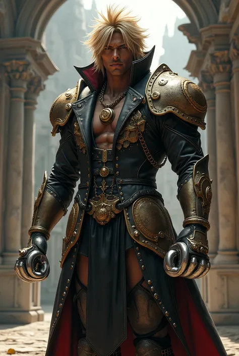 Create final fantasy style: a handsome black man with golden hair and a tuft wearing a heavy metal steampunk overcoat with 2 platinum knuckle-dusters in a medieval combat arena