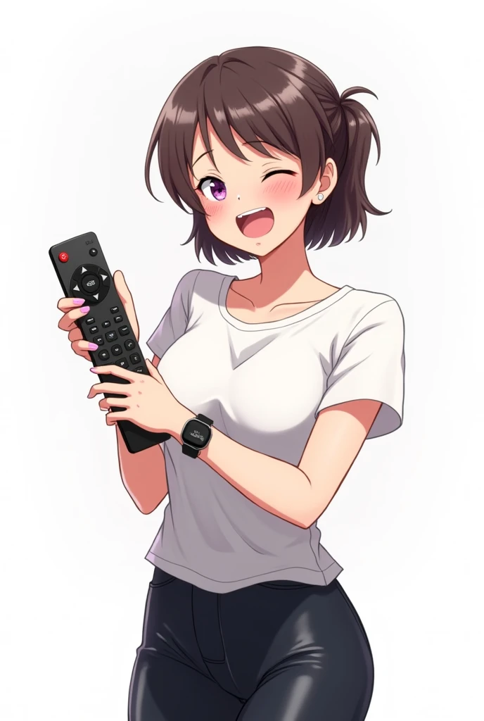 Adult woman wearing a white t-shirt and leather pants anime image with a television remote control white background and full body with an emotion of joy and embracing the TV control and with pink nails and a black watch And presenting the control with joy ...