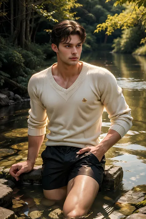 a portrait by Alexey Venetsianov, shutterstock, fine art, artem, male model, athletic tall handsome guys, in style of kyrill kotashev, perfect and proportional body, artem chebokha,(face:Jamie dornan), ​A peacefully flowing river, glistening in the warm su...